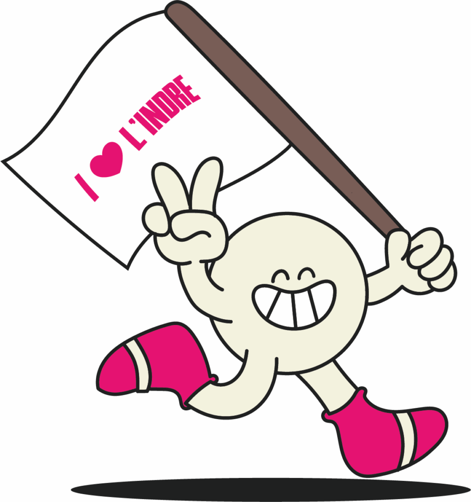 Une mascotte ronde et souriante qui porte fièrement un étendard Ilove Indre